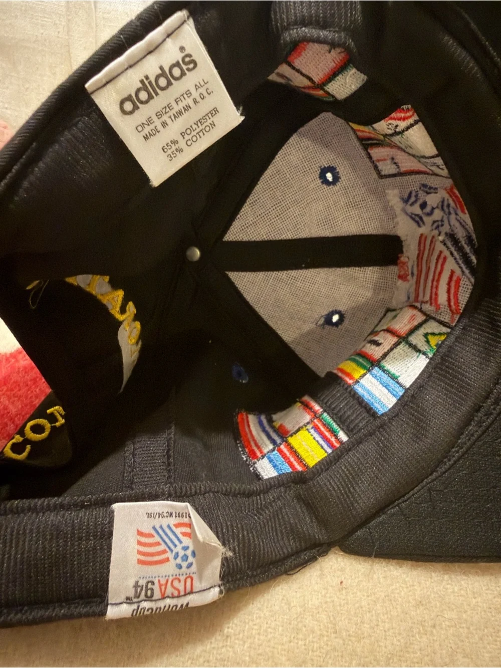 Vintage 90s Adidas Soccer World Cup Hat Cap Snap Back Black Flags Countries